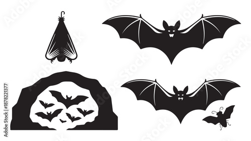Black Bats Flying and Hanging Silhouette Set with Cave Entrance Isolated on White