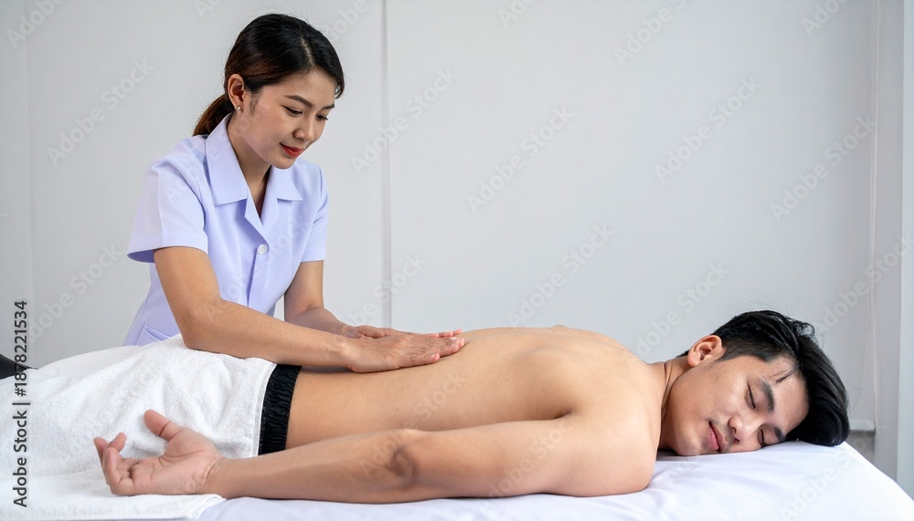Obraz premium Young woman therapist giving professional back massage to male client for relaxation and wellness in a clean spa.
