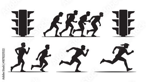 Runners Sprinting Silhouettes with Traffic Lights Isolated on White