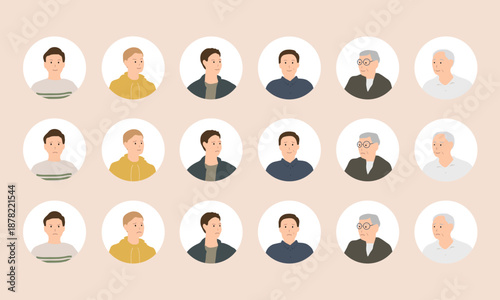 さまざまな表情の男性アイコンセット　年齢別・感情イメージ