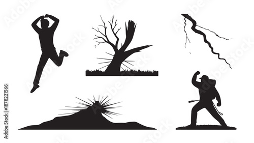 Explosion Impact Silhouettes Set with Jumping Man and Destroyed Tree Vector