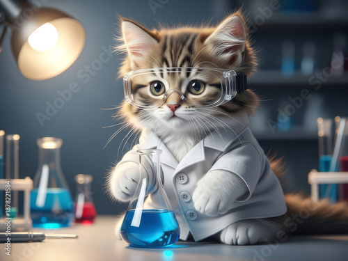 Scientific Curiosity: A feline scientist meticulously conducts an experiment within a laboratory, surrounded by scientific instruments and beakers, embodying intelligence and inquisitive nature.