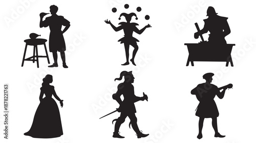 Medieval silhouettes of people in various activities in black minimalist style on white background for historical illustration