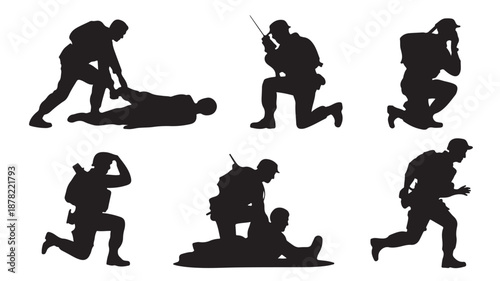 Soldiers in Action Silhouettes with Dramatic Poses in Black and White for Military Illustration