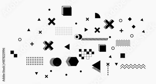 Scattered black geometric shapes like triangles, crosses, and zig-zags on a white background create a trendy and playful Memphis-style aesthetic.
