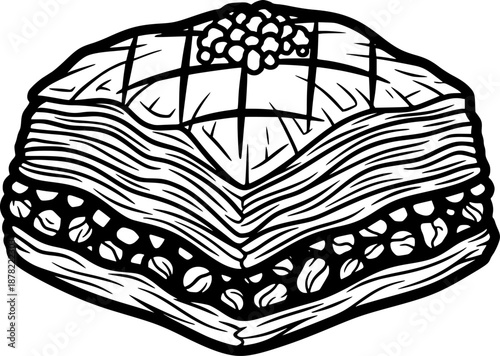 Black and White Vector Illustration of a Traditional Baklava Sweet Pastry, Ideal for Dessert Menus and Middle Eastern Cuisine.
