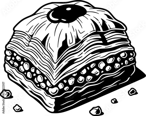 Black and White Vector Illustration of a Traditional Baklava Sweet Pastry, Ideal for Dessert Menus and Middle Eastern Cuisine.
