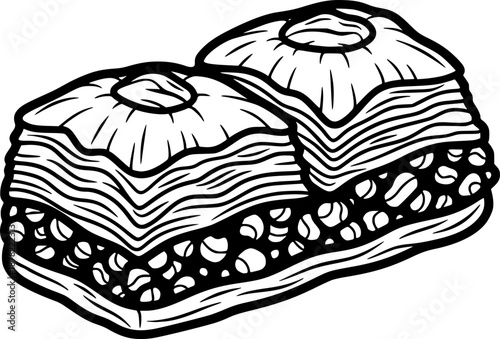 Black and White Vector Illustration of a Traditional Baklava Sweet Pastry, Ideal for Dessert Menus and Middle Eastern Cuisine.
