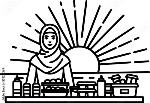 A woman in a hijab stands behind a food stall with a sunset backdrop and the word "TAKJIL.
