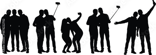 Friends taking selfies silhouettes, group of people posing with smartphones, black vector illustration for social media, friendship, lifestyle, celebration, communication concept