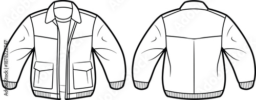 Front and back jacket technical fashion sketch, zipper closure, flap pockets, ribbed hem, vector template, flat CAD drawing illustration