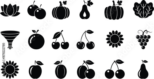 Fruit and vegetable black silhouette vector icons, organic healthy food illustration collection including cherry, pear, pumpkin, grape, leaf, floral design