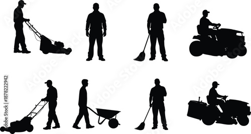 Gardening and lawn care worker silhouettes set isolated on white background, landscapers using mower, rake, wheelbarrow, and riding equipment for yard maintenance services