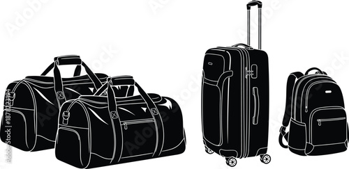 Travel luggage silhouette set isolated on white background, duffel bags, rolling suitcase, and backpack collection for tourism, business trips, vacation packing, and transportation design concepts
