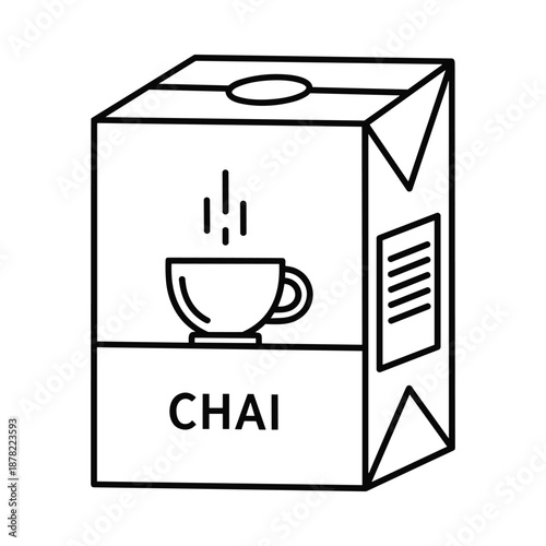 Black and white line art illustration of a chai tea carton with a steaming cup on it