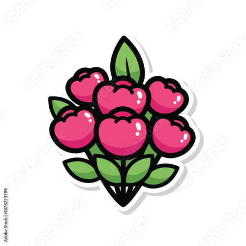 Bunch of Pink Cherries with Green Leaves.
