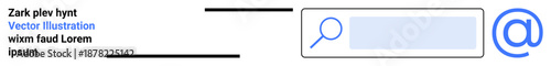 Digital tools, website search, user interface, email communication, online navigation, internet access. Search bar with magnifying glass and at symbol. Digital tools and website search concepts
