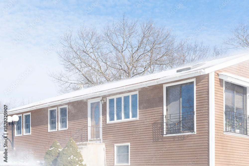 Obraz premium snow in the wind after blizzard around residential house