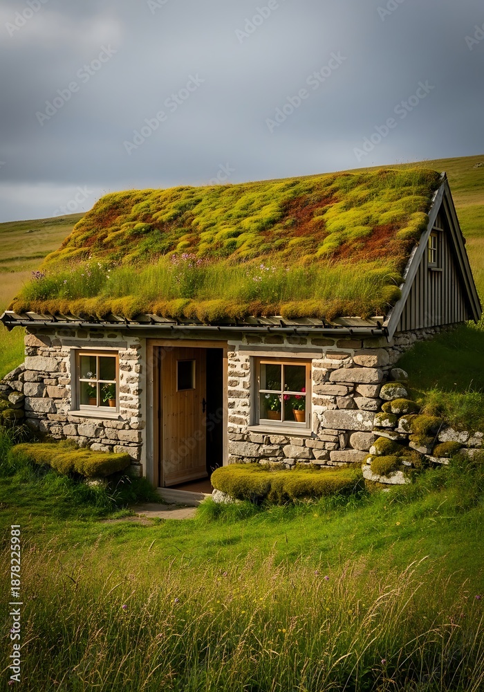 Fototapeta premium Charming Turf Roof Cottage, An Enchanting Stone House Surrounded by Lush Greenery
