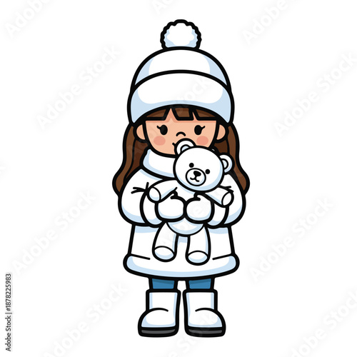 Cartoon Girl Holding White Teddy Bear.