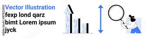 Data analysis, business growth, research, financial trends, investment tools, educational resources. Bar chart showing upward trend with person using magnifying glass. Data analysis and business