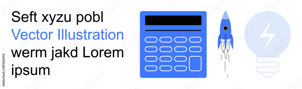 Fototapeta premium Education, technology tools, innovation, creativity, startup ideas, energy concepts. A calculator, rocket and lightbulb in a minimalist design. Technology tools and innovation visualization