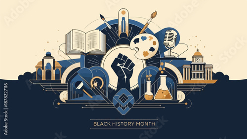 A graphic illustration celebrating Black History Month with various cultural symbols