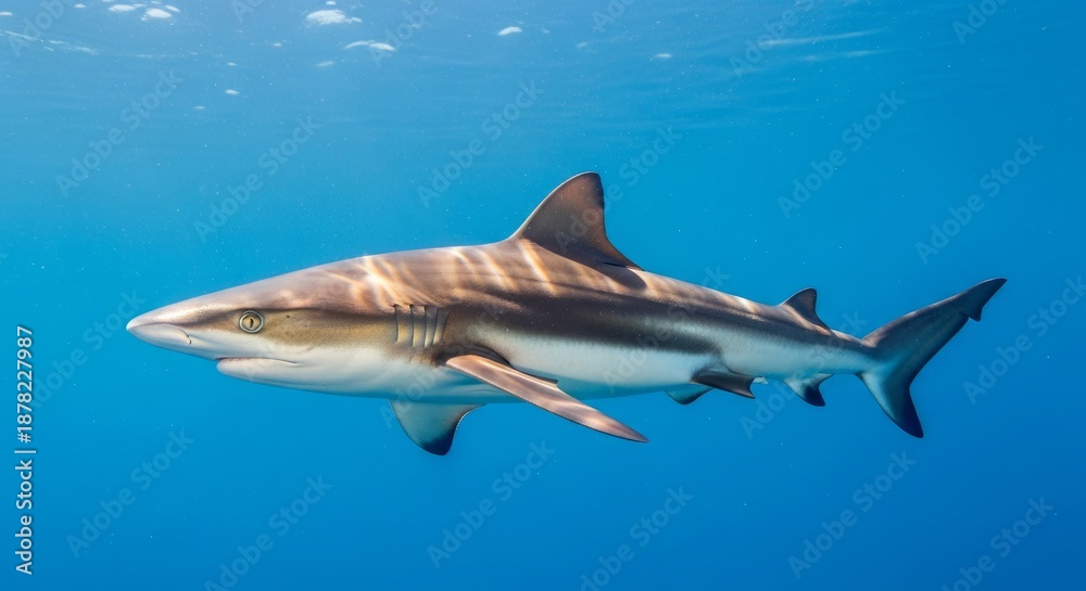 Obraz premium Juvenile shark swimming in clear ocean water, showing streamlined body and sharp fins. A young shark representing marine life, ocean biodiversity, and conservation.