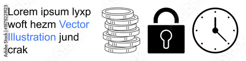 Financial security, privacy protection, time management, savings, investment strategies, digital security. Stack of coins, closed padlock analog clock. Financial security and privacy protection