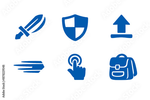 In-game action icons set featuring movement, interaction and inventory controls. Clean monocromatic vector symbols for game interfaces and digital gaming systems.