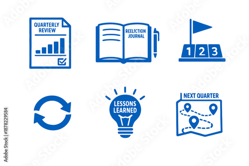 Quarterly review icon set with reflection, progress evaluation and reset planning. Monocromatic flat vector icons for planners, productivity apps, UI dashboards and strategy tools.
