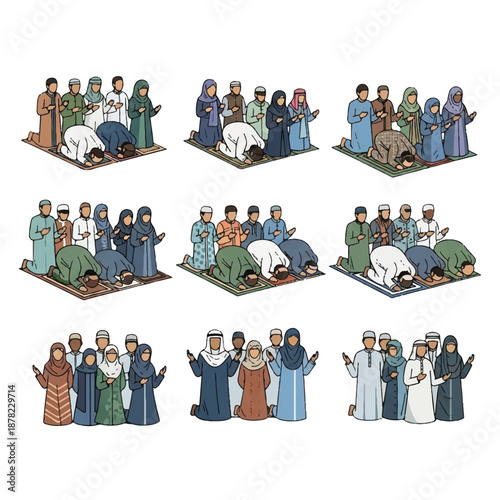 Muslim Men Performing Prayer Rituals Together.