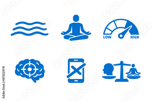 Stress management icons set featuring mindfulness, balance and mental clarity tools. Clean monocromatic vector symbols for apps, planners and digital wellness systems.