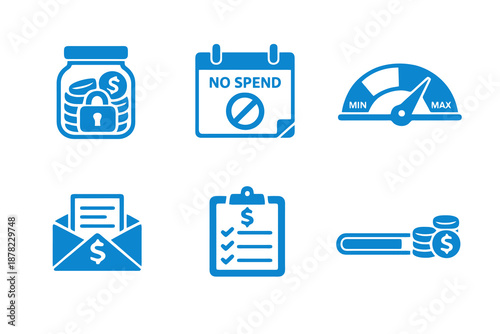 Saving habits icons set featuring budget control, expense discipline and money progress. Clean monocromatic vector symbols for apps, planners and digital finance systems.