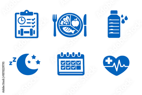 Healthy habits icon set with fitness routines, nutrition and daily wellness tracking. Monocromatic flat vector icons for health apps, planners, UI dashboards and websites.