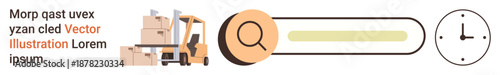 Logistics, time management, order tracking, warehouse operations, delivery scheduling, e-commerce solutions. Forklift loading boxes next to a search bar and clock. Logistics and time management