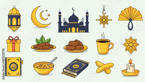 A collection of Ramadan-themed icons in gold and blue hues