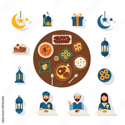 Ramadan Fasting Food and People Illustration.