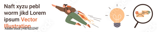 Creativity, innovation strategies, email marketing, idea development, problem-solving, productivity. Person flying with jetpack, light bulb magnifying glass over an envelope. Innovation strategies