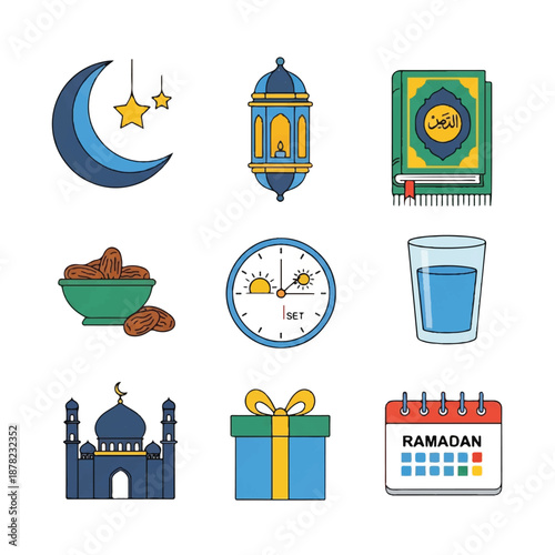 Ramadan Icons Crescent Moon Lantern Dates Clock.