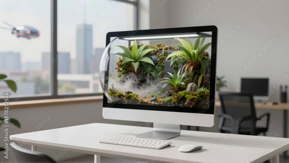 Fototapeta premium Desktop computer displays vibrant miniature indoor jungle with misty atmosphere and city view
