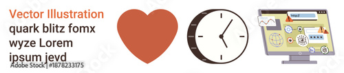 Productivity, time management, digital analytics, efficiency, goal setting, multitasking. Heart, clock and computer graphics displayed with symbols and interface. Time management and productivity