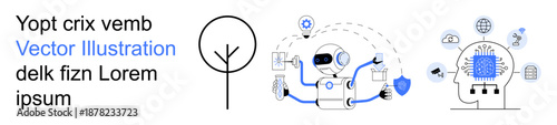 Artificial intelligence, cybersecurity, innovation, digital systems, data exchange, technology. Robot with icons, tree abstract brain graphic. Artificial intelligence and cybersecurity concept