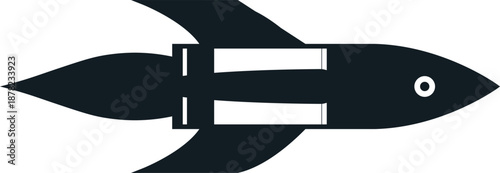 Minimal black silhouette of a rocket ship flying horizontally with engine exhaust flame