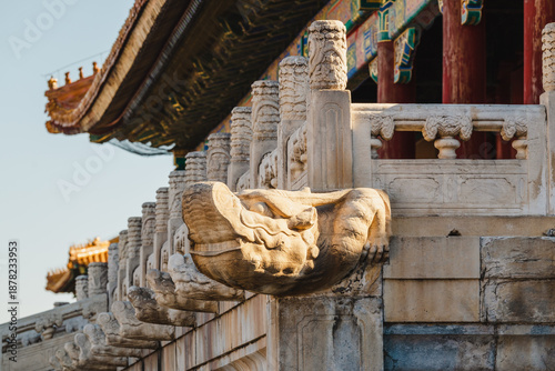 Tableau sur toile Close-up of traditional Chinese dragon stone carving on imperial palace roof, Fo
