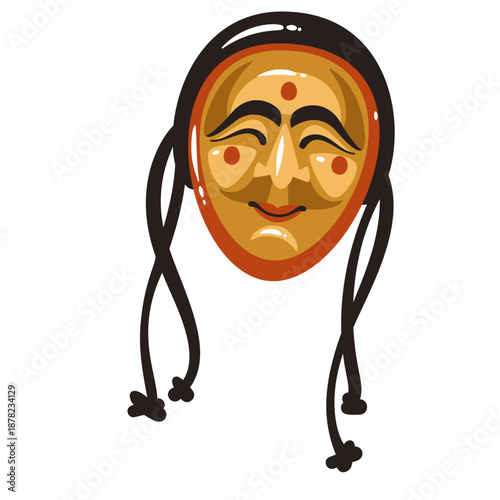 Korean traditional mask with expressive face, painted details and hanging ties. Mask symbol of Korean culture, folklore and performance art, isolated cultural object, cartoon vector illustration.