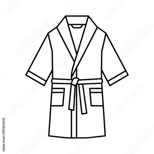 Simple black and white illustration of a bathrobe with pockets and belt