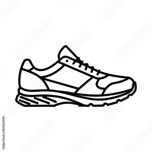 Black and white illustration of a single running shoe