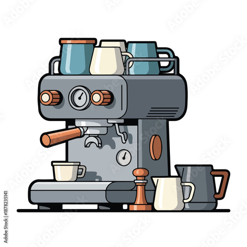 A modern espresso machine illustration with coffee cups on top and a steaming pitcher beside it