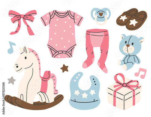 Cute baby girl vector illustration set with clothes, toys and accessories. Pastel nursery elements including bodysuit, teddy bear, rocking horse, gift box and bib, perfect for baby shower designs.